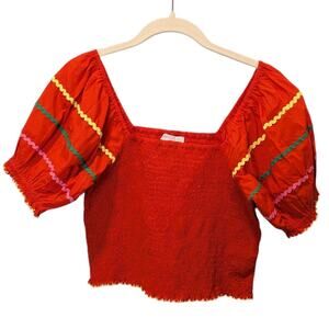 Stella McCartney Kids Girls 14+ Red Puff Sleeve Smocked Peasant Top Cropped